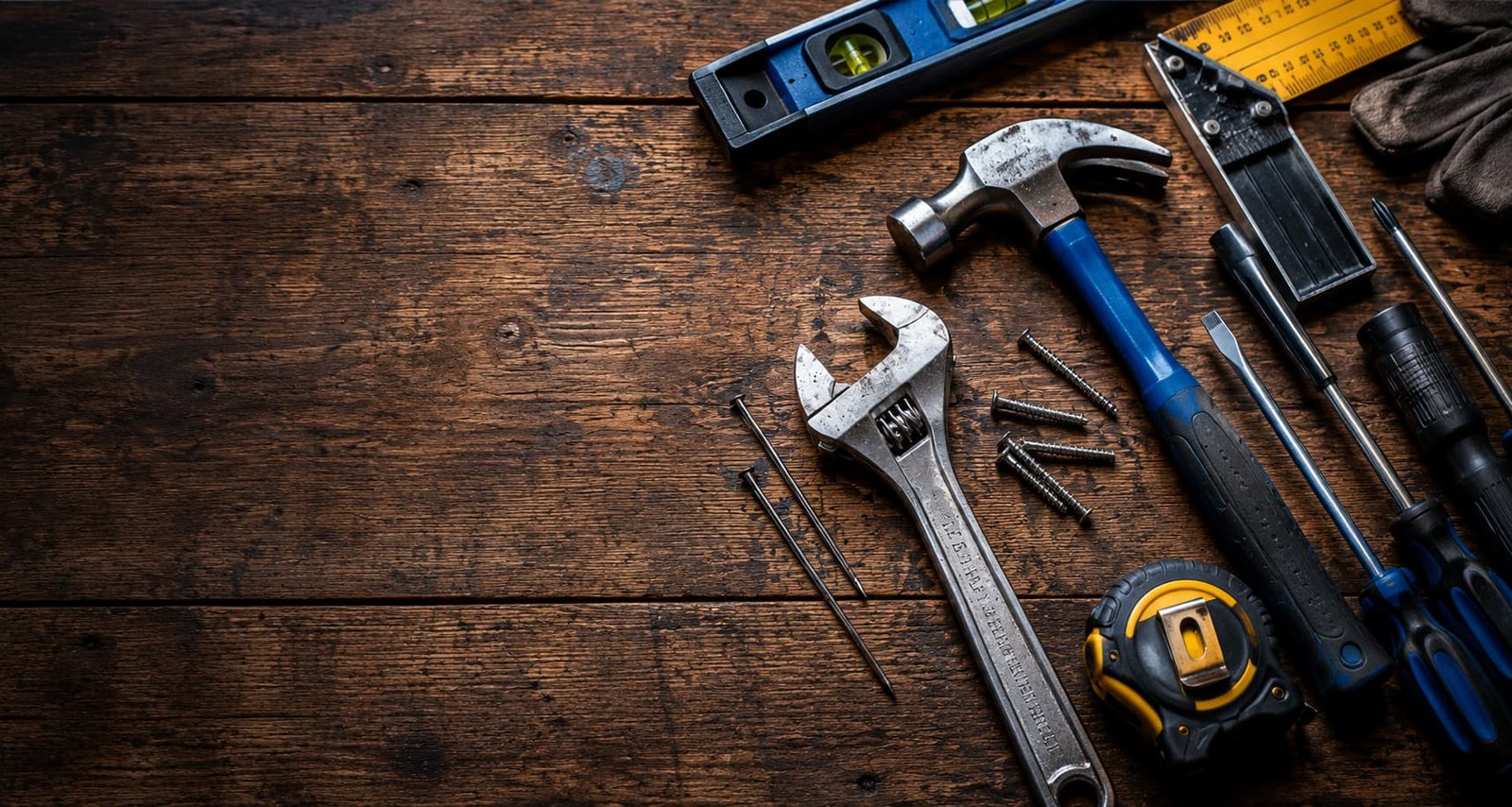 Handyman tools laid out on a workbench